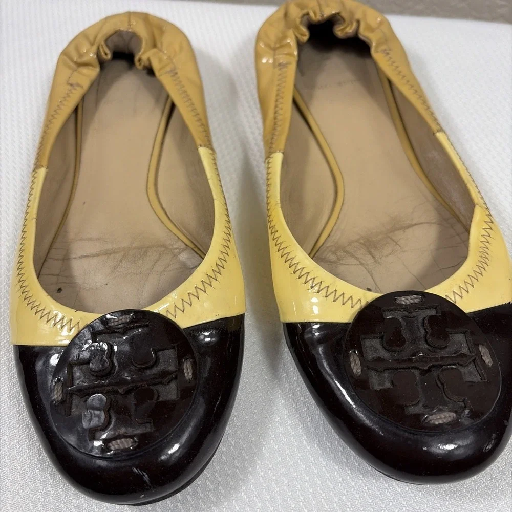 TORY BURCH Women's 7.5‎ - Beige & brown patent leather ballet flats shoes MINNIE